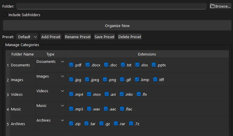 Clair desktop file organizer showing category and extension checkboxes with reusable presets.