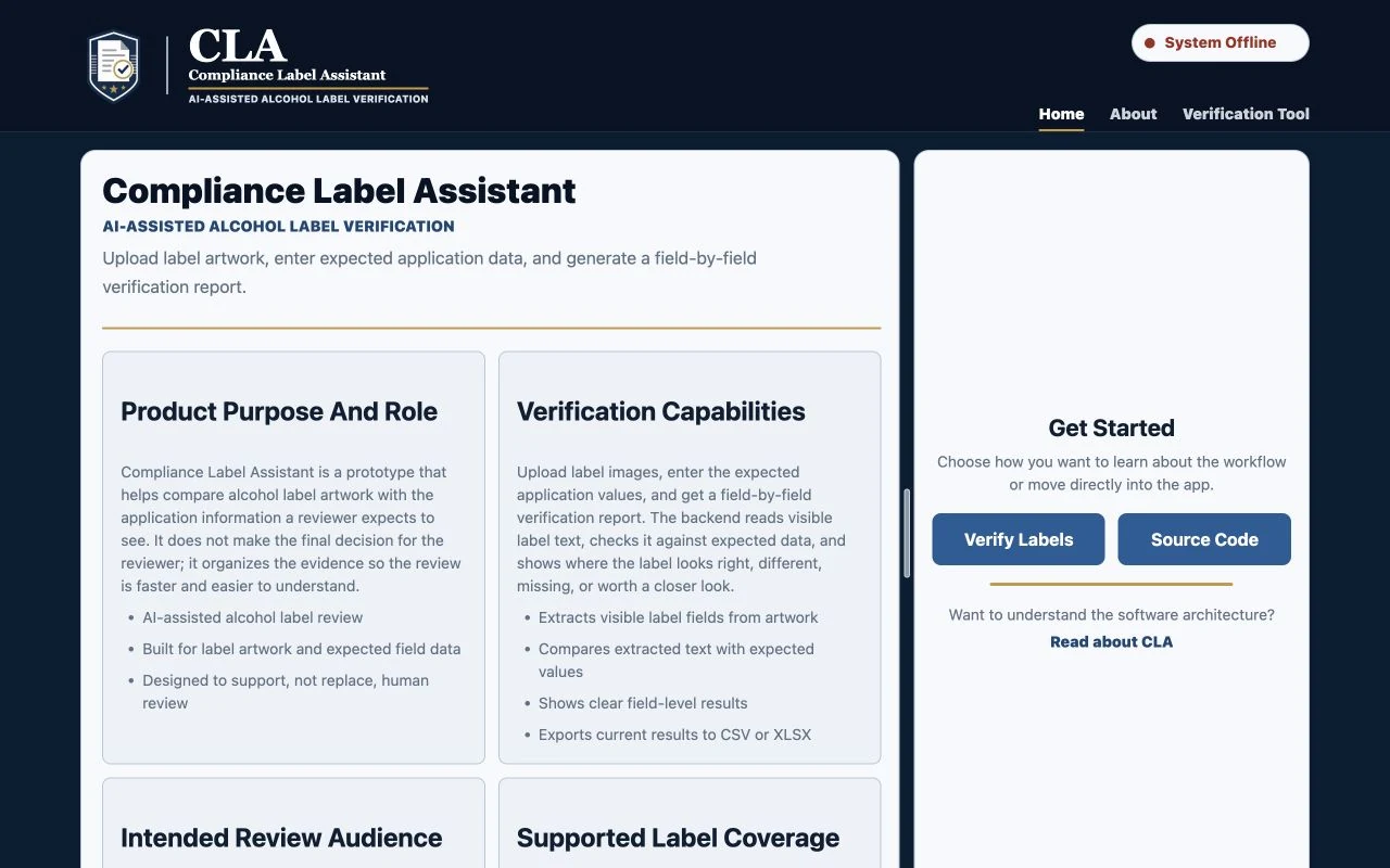 Compliance Label Assistant homepage introducing label review and linking to its verification tool.