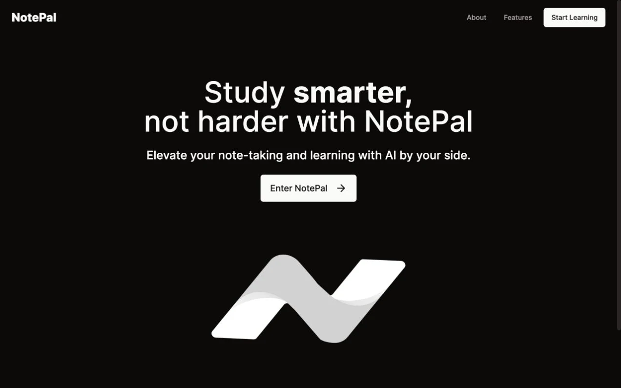 NotePal homepage with its study tools introduction and Enter NotePal action.